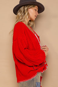 Red Contrast Stitch Cardigan