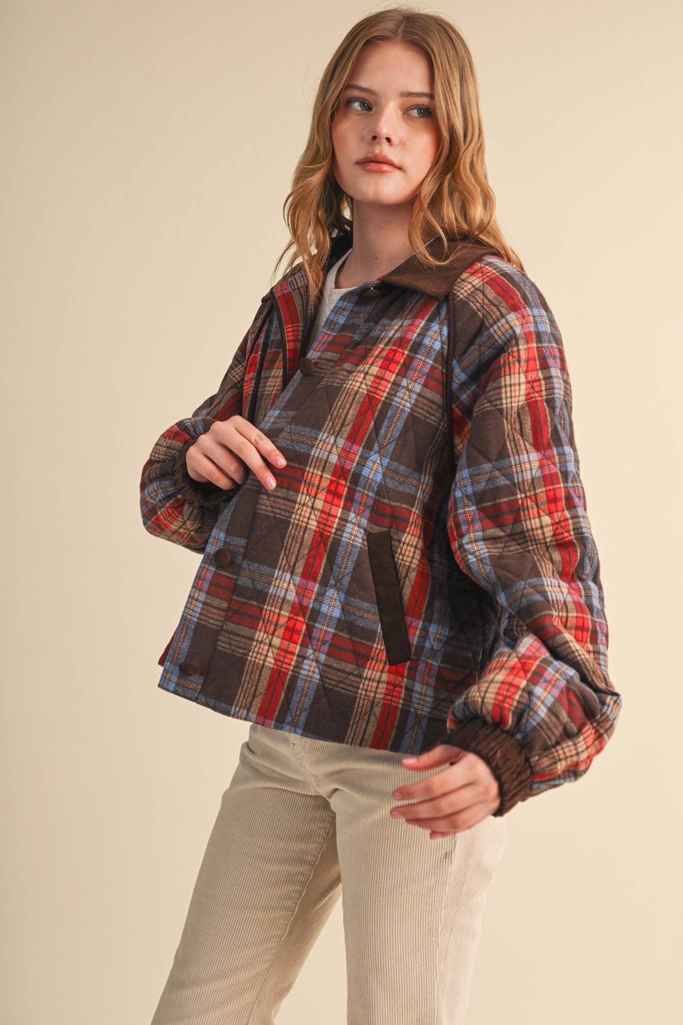 Plaid Quilted Jacket With Contrast Corduroy Detail