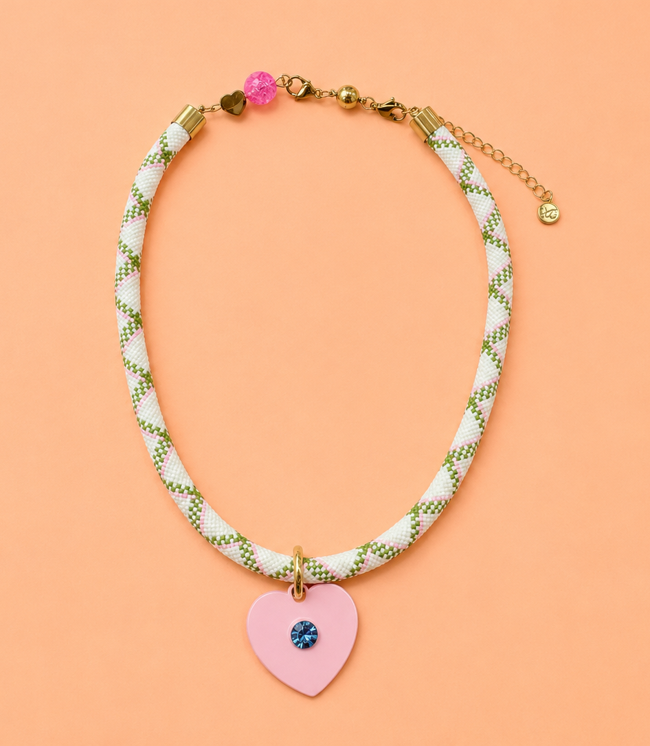 Blakely Thick Cord Necklace - Pink Heart Charm w/ Crystal