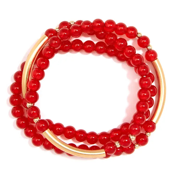 Red Glossy Beaded Gold Wrap Bracelet