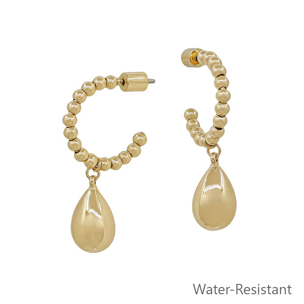 Water Resistant Gold Beaded Teardrop Hoop Earring