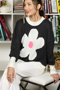 Black Flower Print Knit Sweater