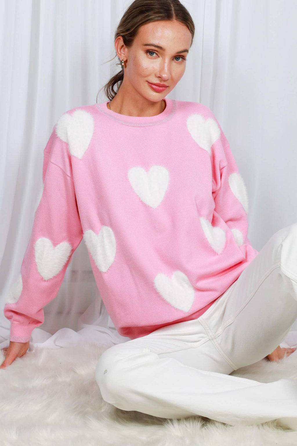 Fuzzy Heart Crew Neck Knitted Sweater