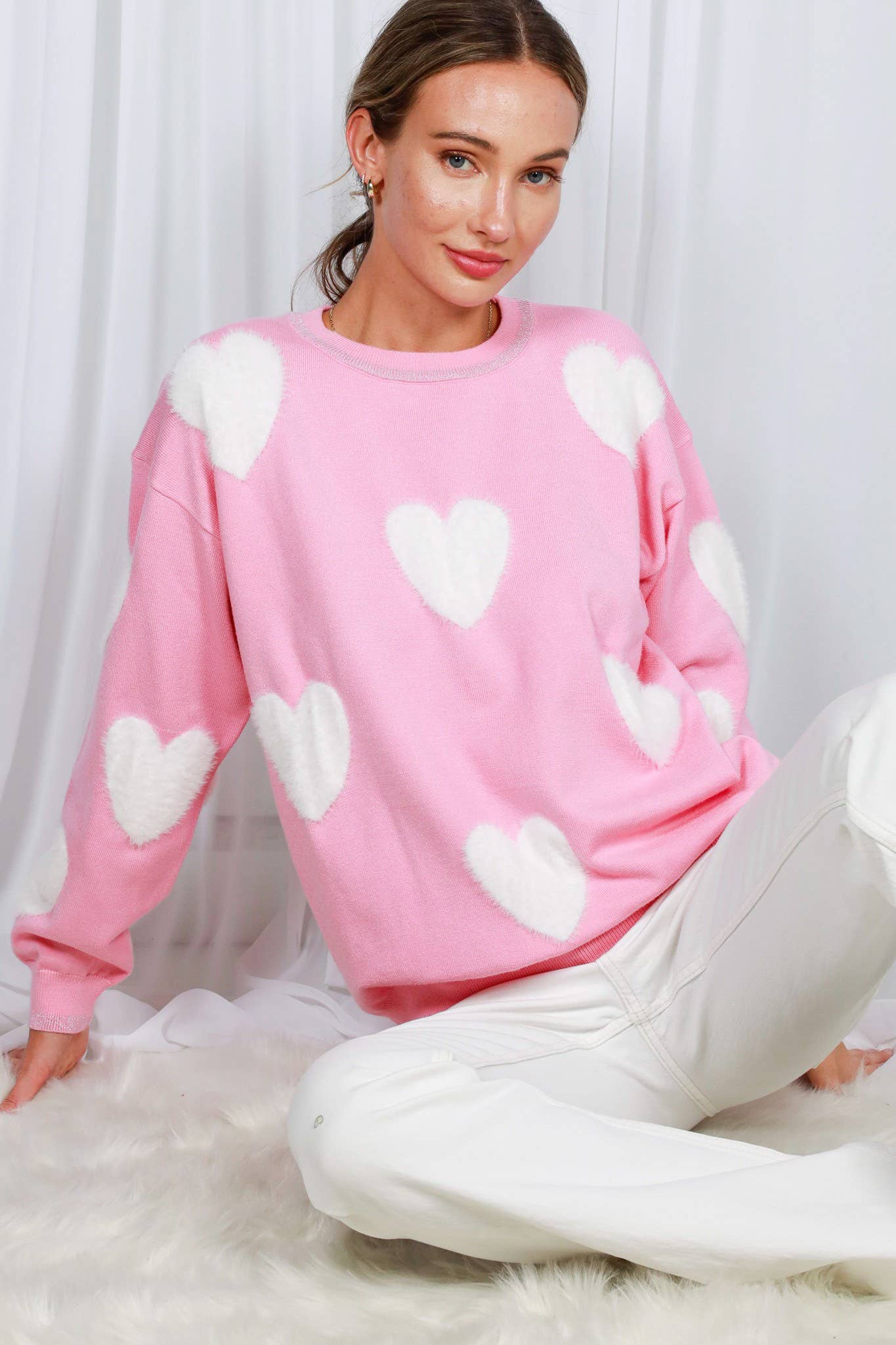Fuzzy Heart Crew Neck Knitted Sweater