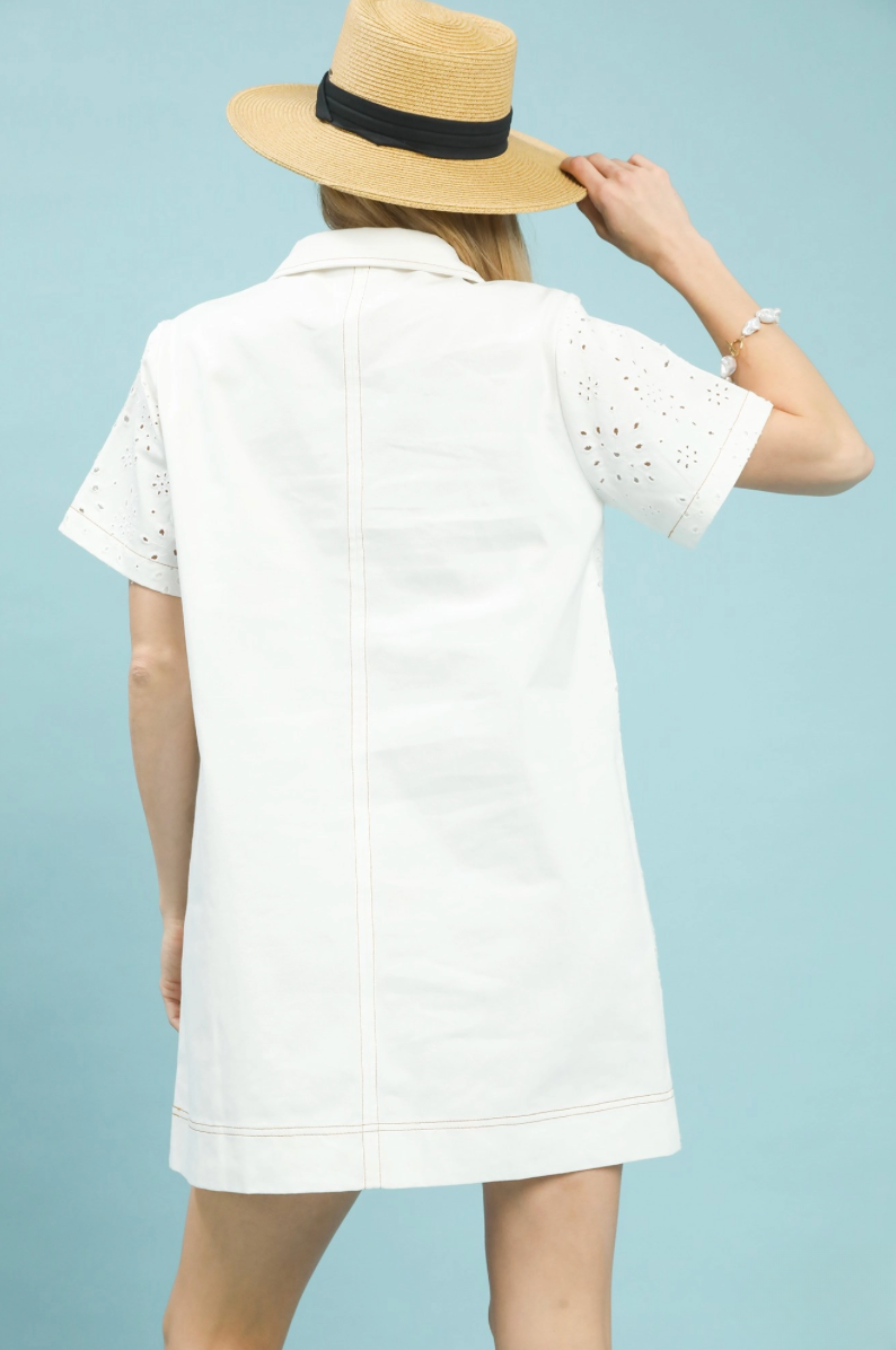 Eyelet Short Sleeve Shift Dress with Pocket