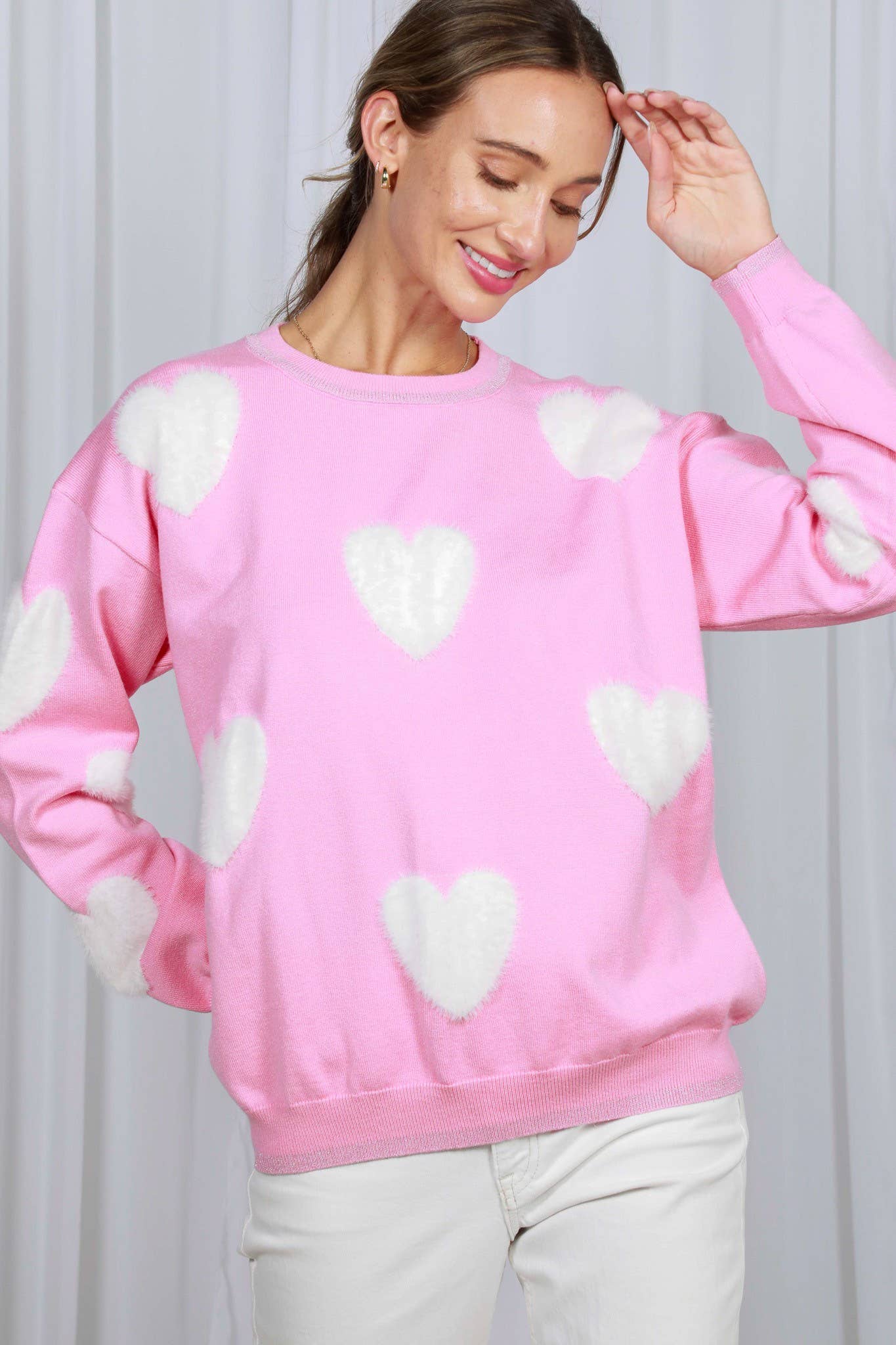 Fuzzy Heart Crew Neck Knitted Sweater