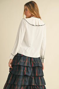 White Contrast Piped Ruffle Blouse