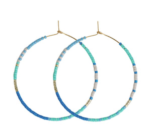 Skinny Blue Beaded Statement Hoop Earrings