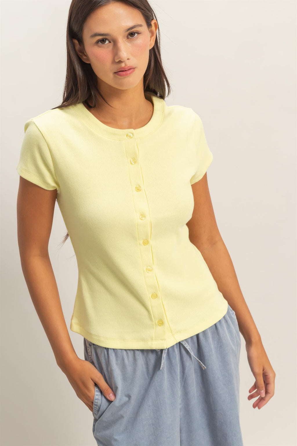 Pale Yellow Ribbed Button-front Top