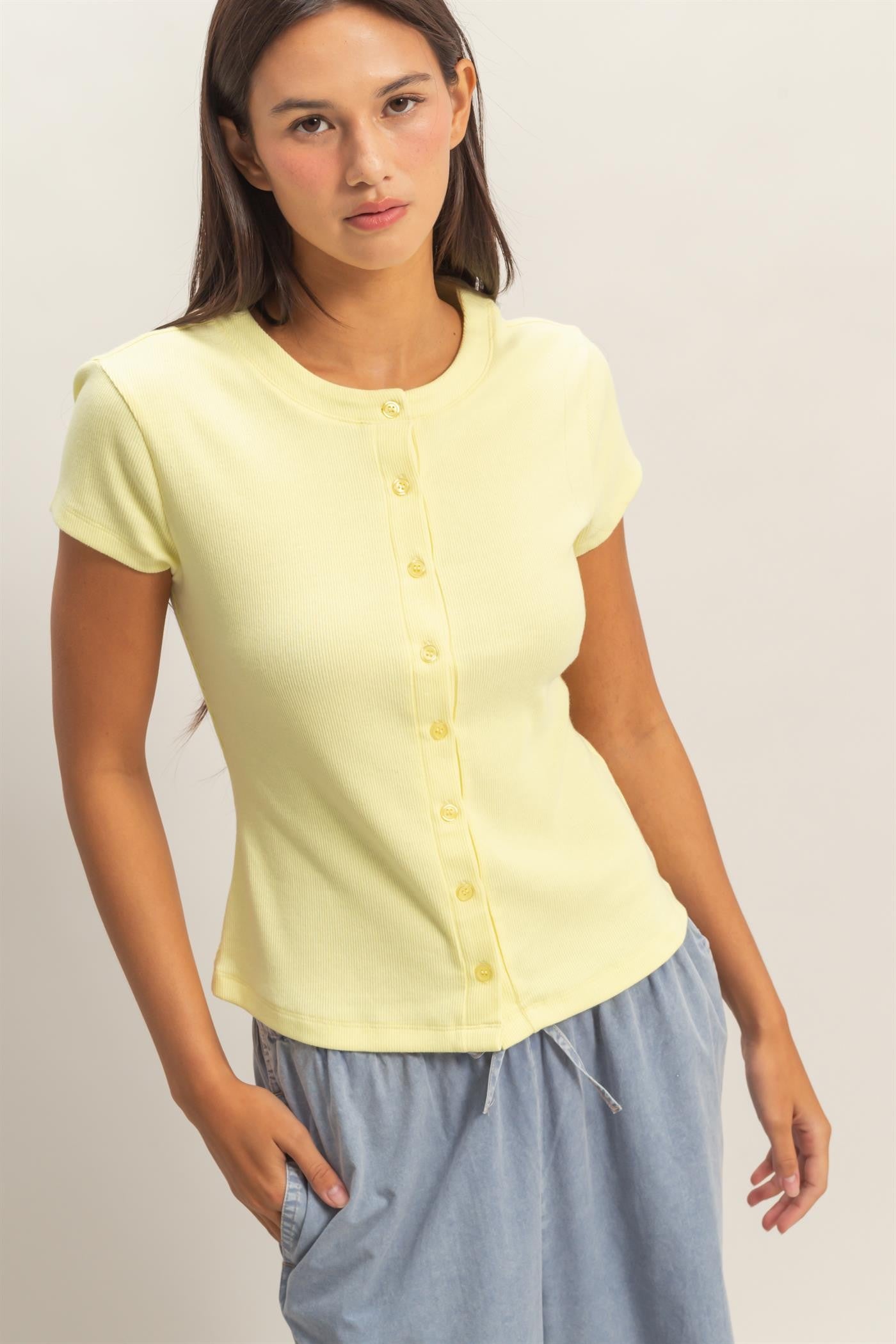 Pale Yellow Ribbed Button-front Top