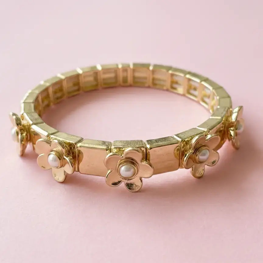 Enamel Stretch Bracelet - Flowers - Poppy - Gold