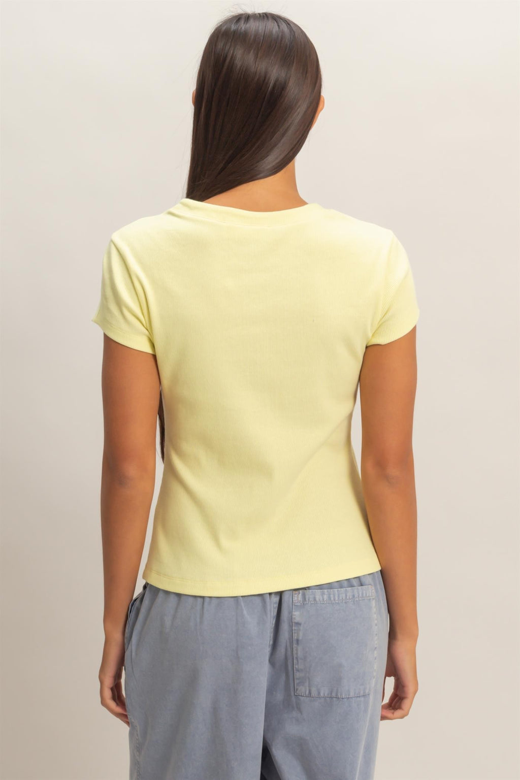 Pale Yellow Ribbed Button-front Top