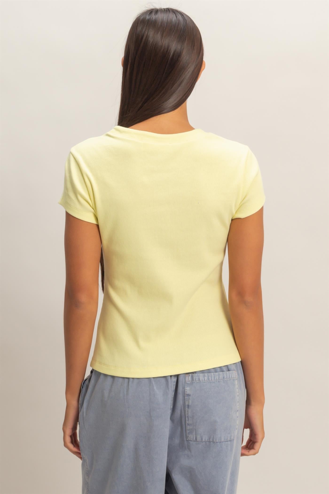 Pale Yellow Ribbed Button-front Top
