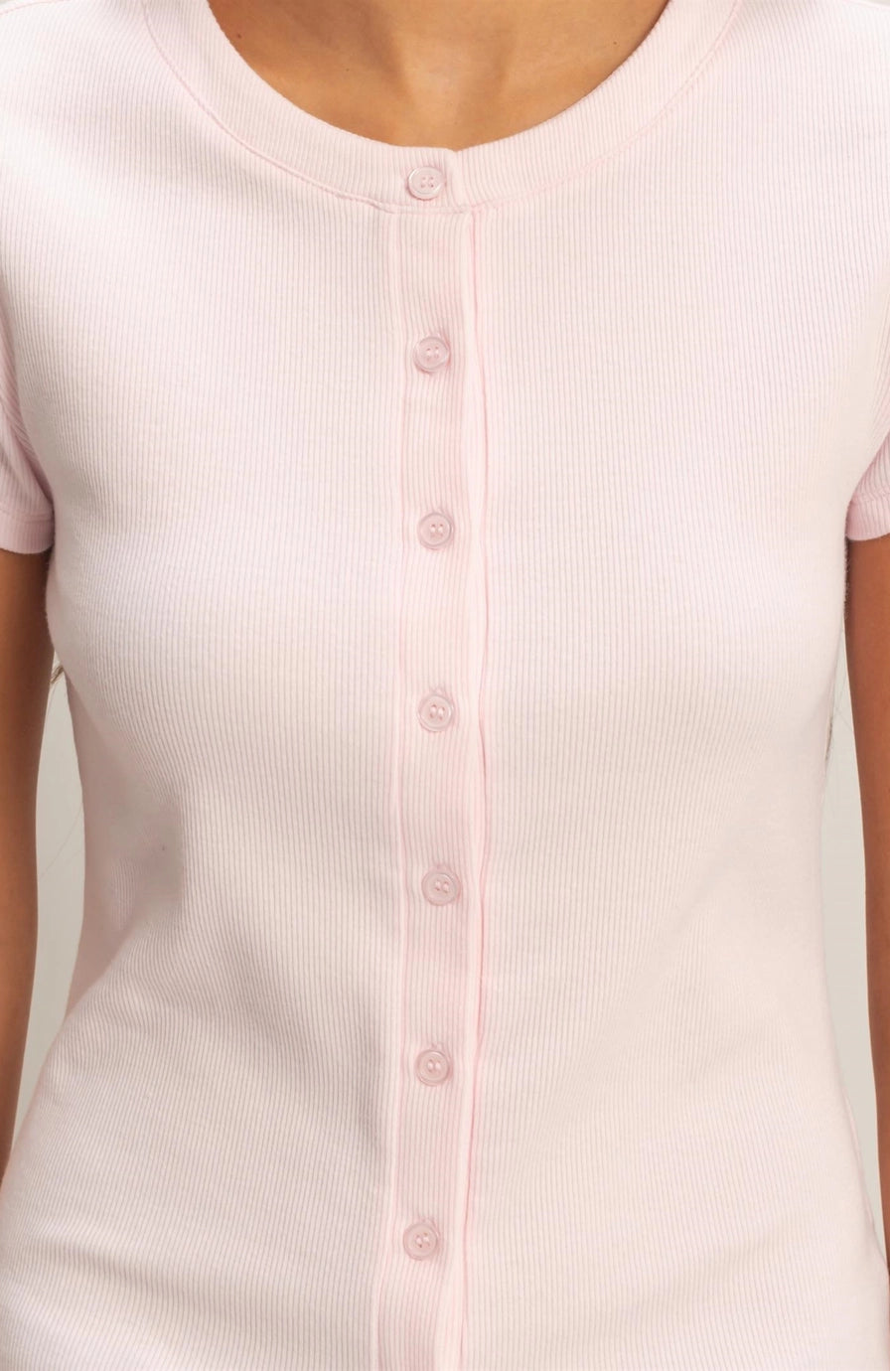 Soft Pink Ribbed Button-Front Crew Neck Top