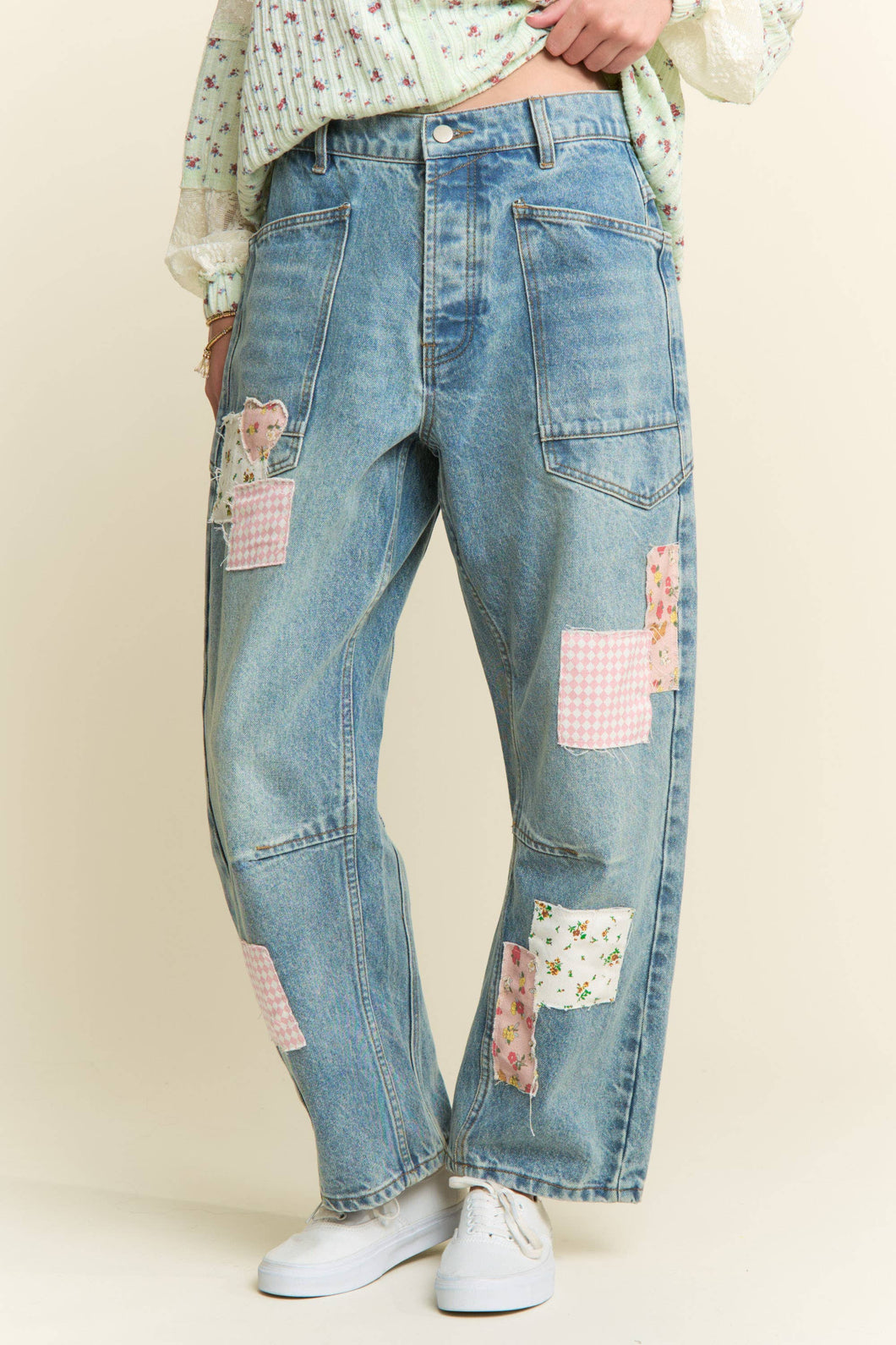 Mineral Washed Patchwork Jeans