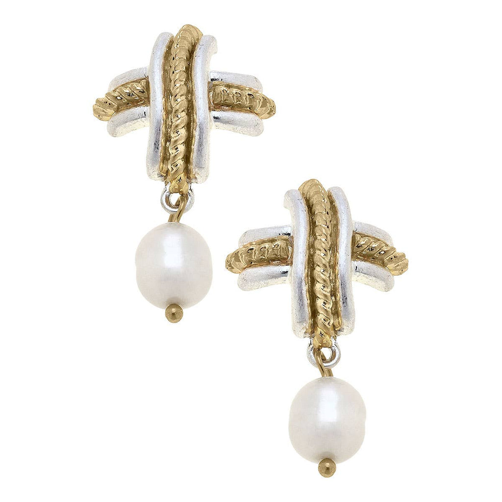 Serena Cross Pearl Drop Earrings: Two-Tone