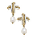 Serena Cross Pearl Drop Earrings: Two-Tone