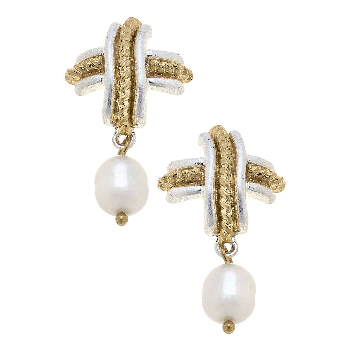 Serena Cross Pearl Drop Earrings: Two-Tone