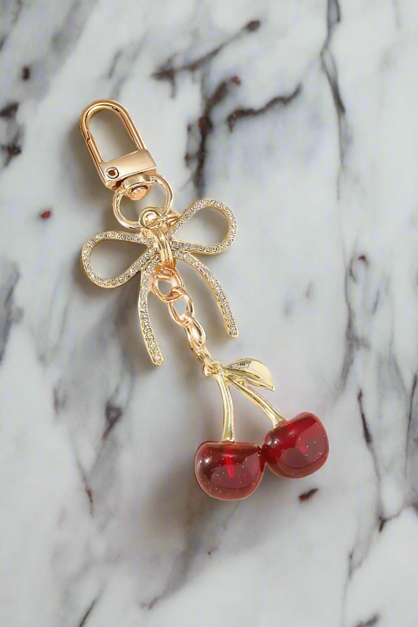 Red Cherry with Rhinestone Bow Purse Charm