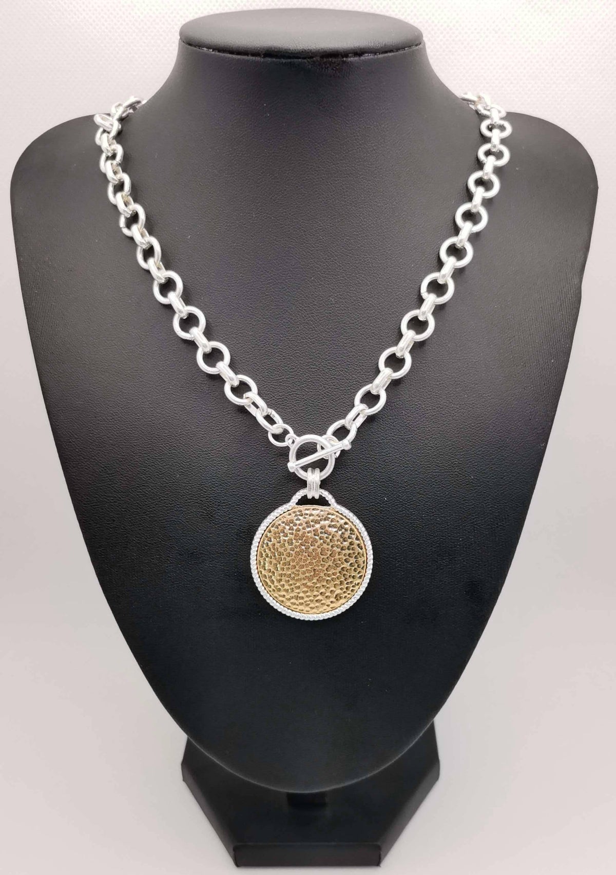 Silver Chain with Hammered Gold Disk Charm Necklace