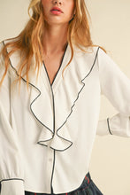 Load image into Gallery viewer, White Contrast Piped Ruffle Blouse
