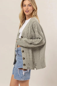 Olive Studded Cable Knit Cardigan