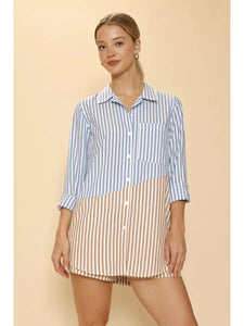 Blue Brown Striped Oversized Shirt