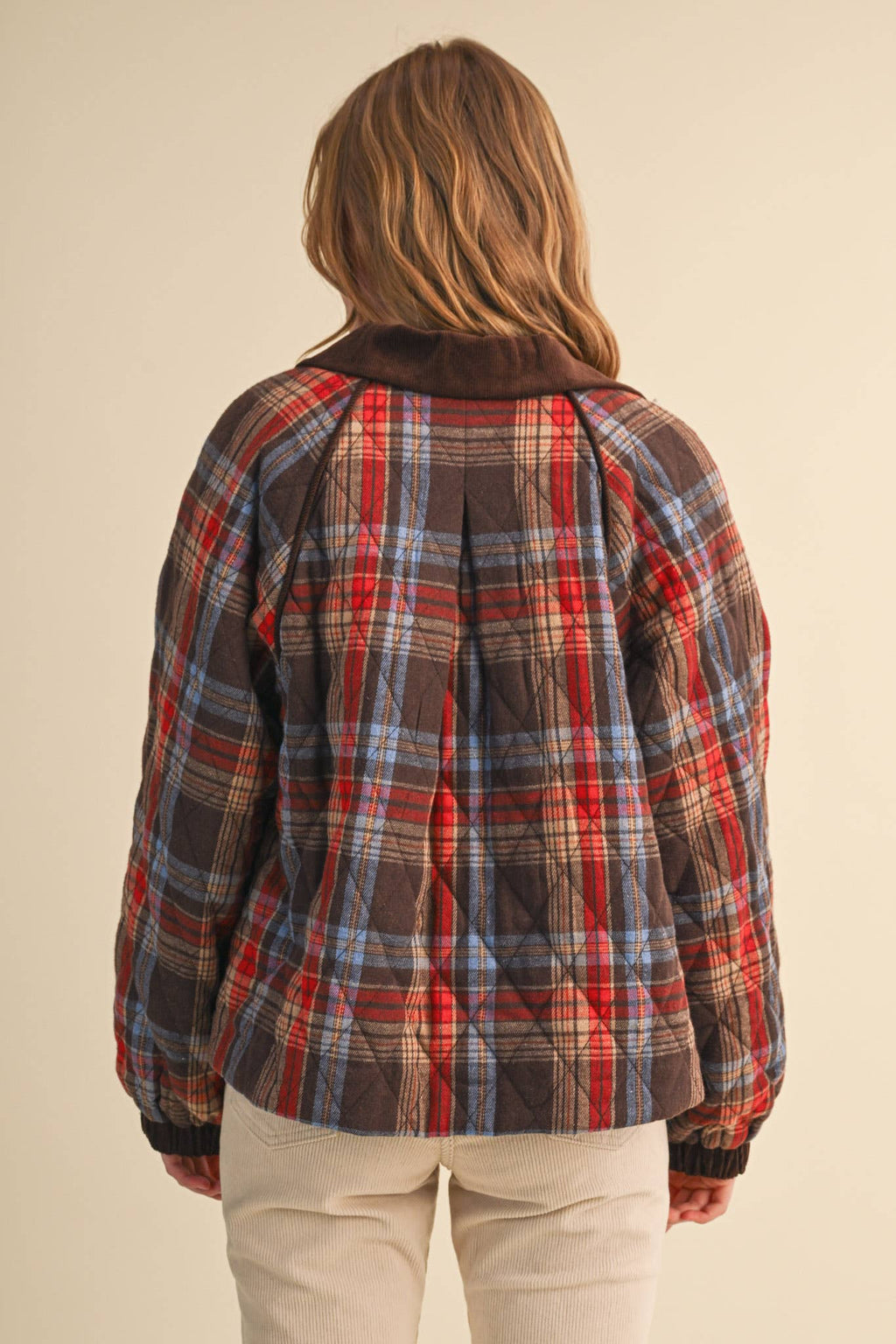 Plaid Quilted Jacket With Contrast Corduroy Detail