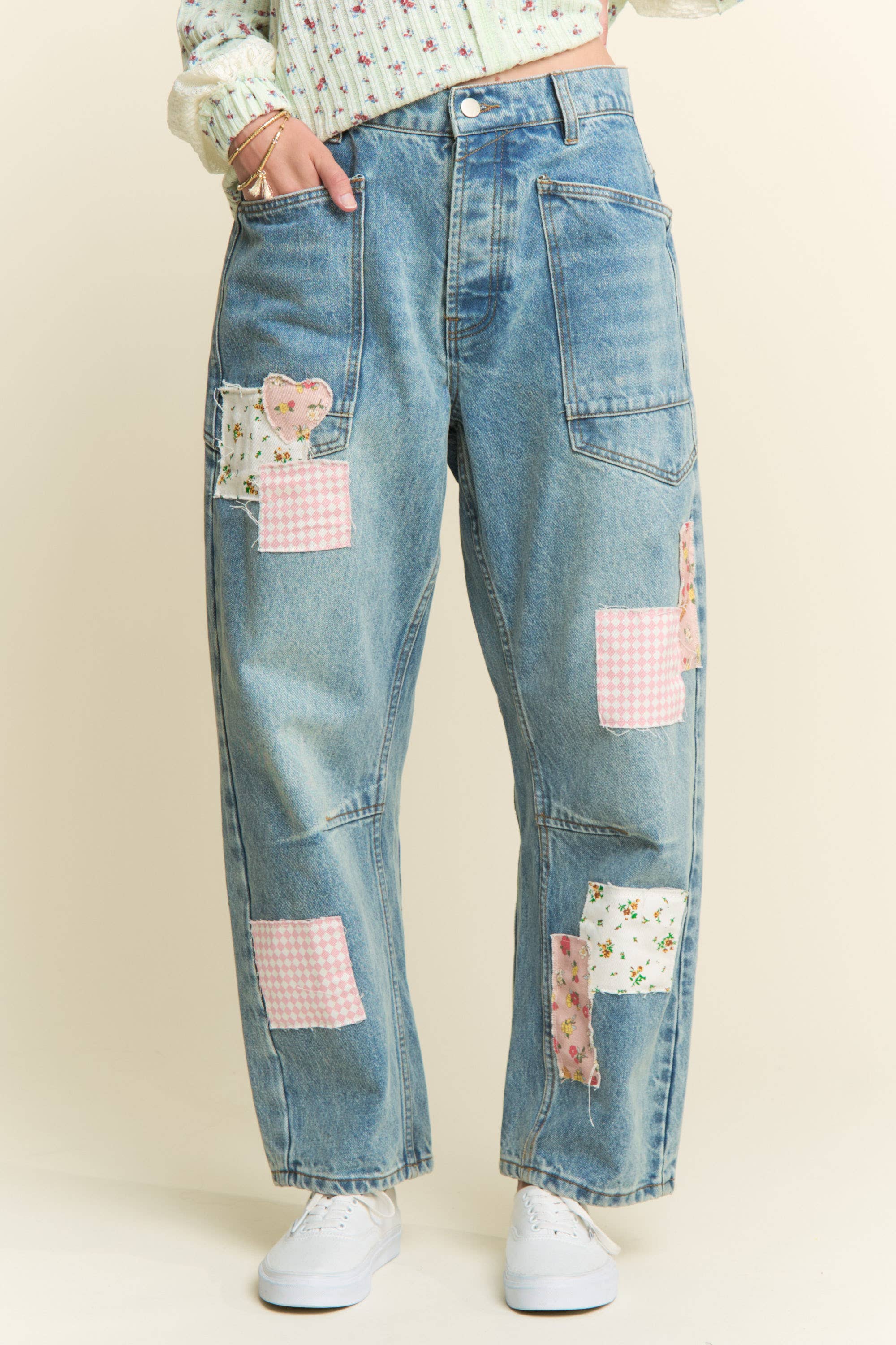 Mineral Washed Patchwork Jeans