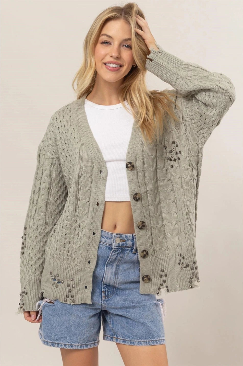 Olive Studded Cable Knit Cardigan