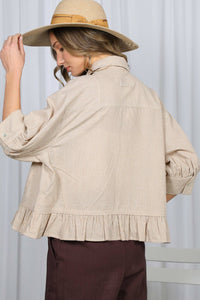 Pocket Detail Ruffle Hem Striped Shirt