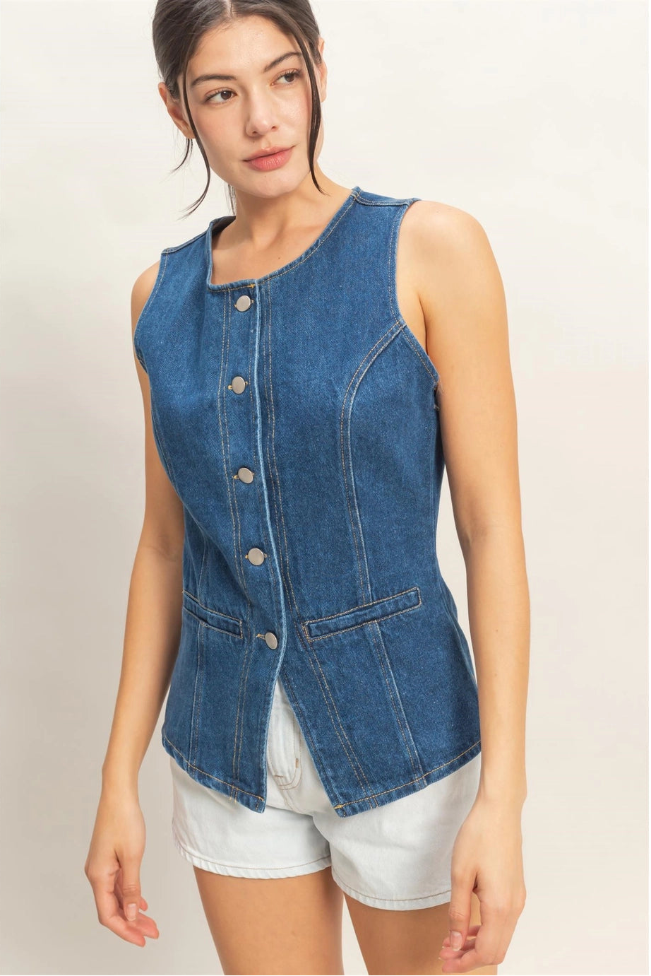 Button-Front Sleeveless Denim Vest