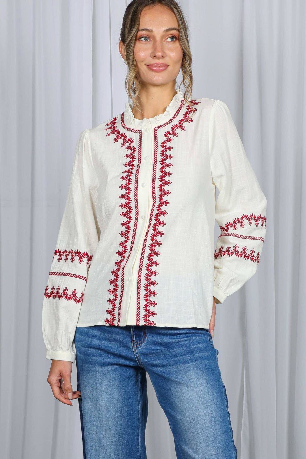 Ruffle Neck Embroidered Bohemian Top