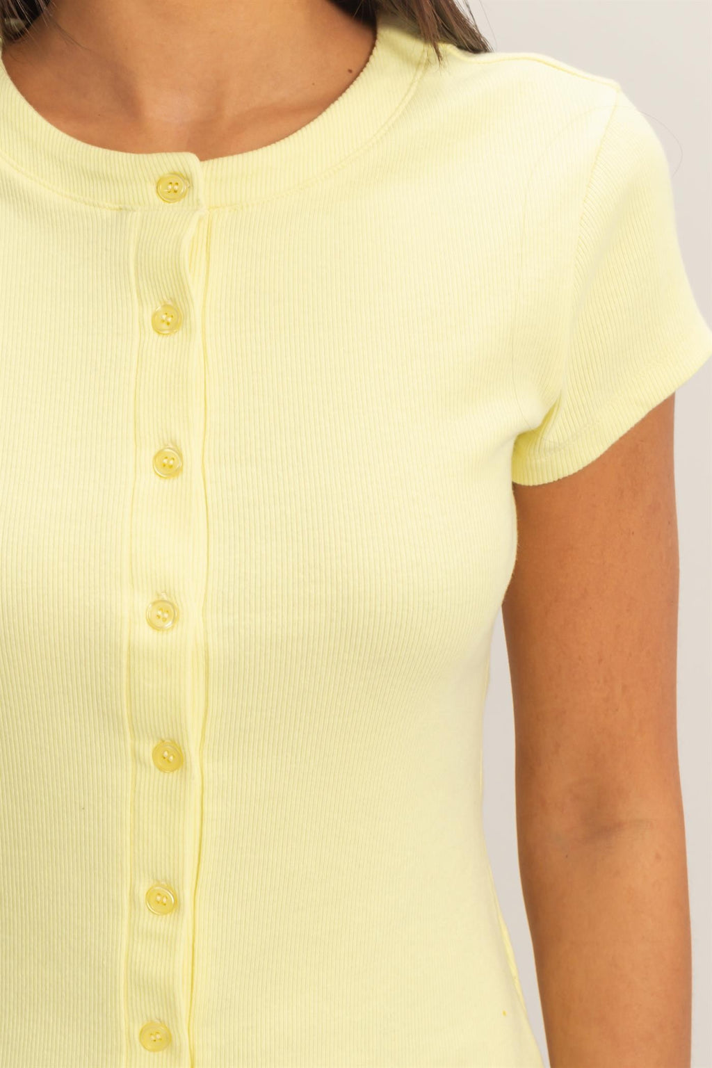 Pale Yellow Ribbed Button-front Top