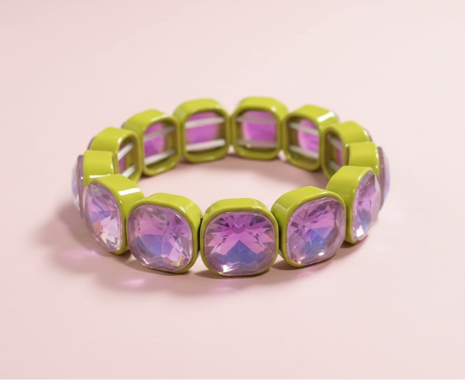 Griffin Enamel Stretch Bracelet - Chartreuse + Purple