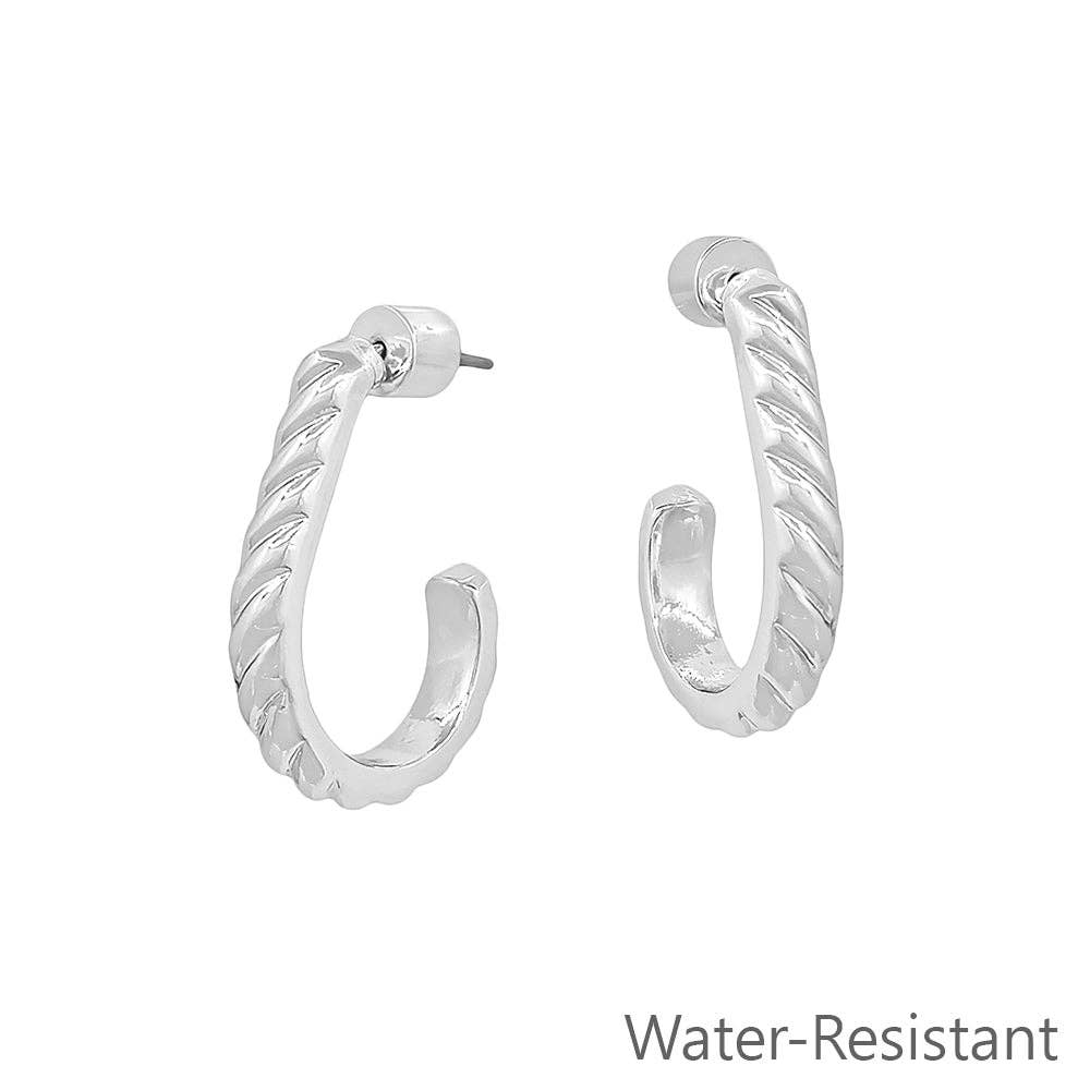 Water Resistant Silver Wave Textured Teardrop Earring