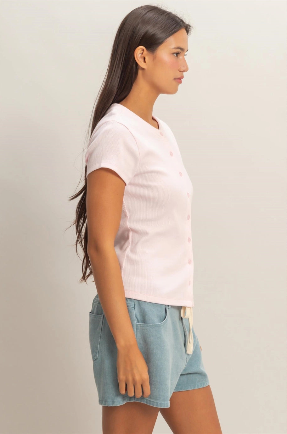 Soft Pink Ribbed Button-Front Crew Neck Top