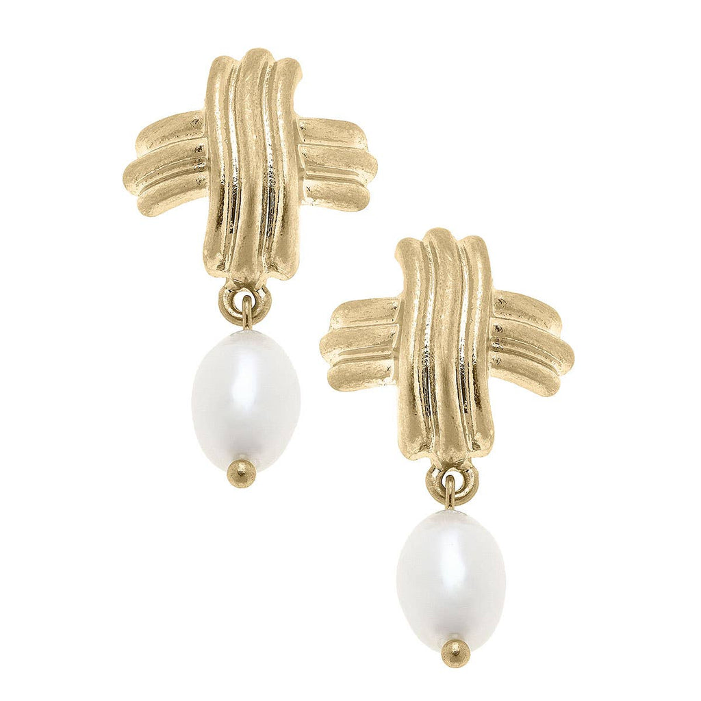 Serena Cross Pearl Drop Earrings: Two-Tone