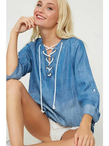 Lace Up Washed Denim Top
