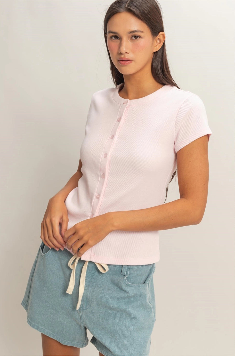 Soft Pink Ribbed Button-Front Crew Neck Top