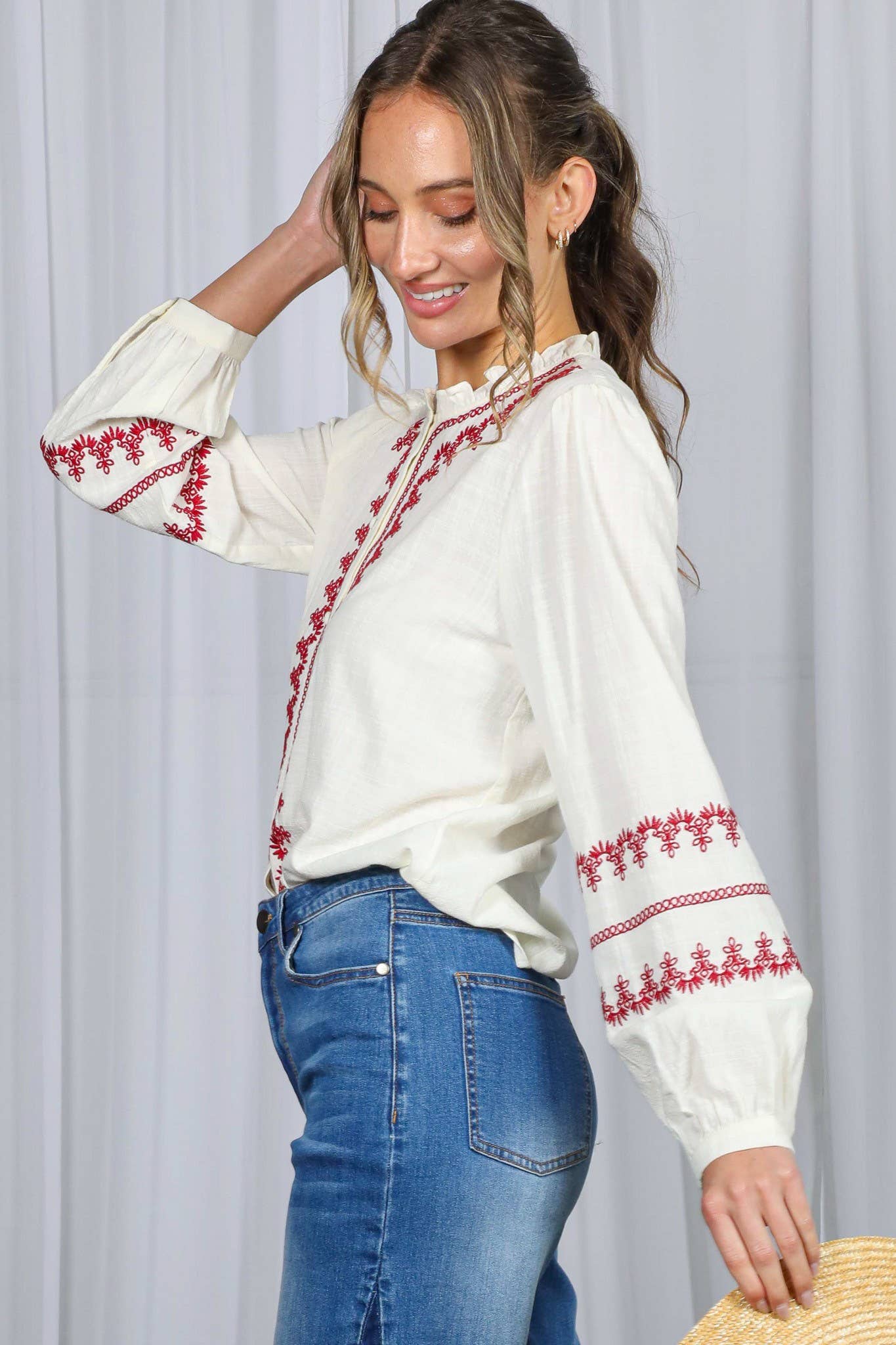 Ruffle Neck Embroidered Bohemian Top