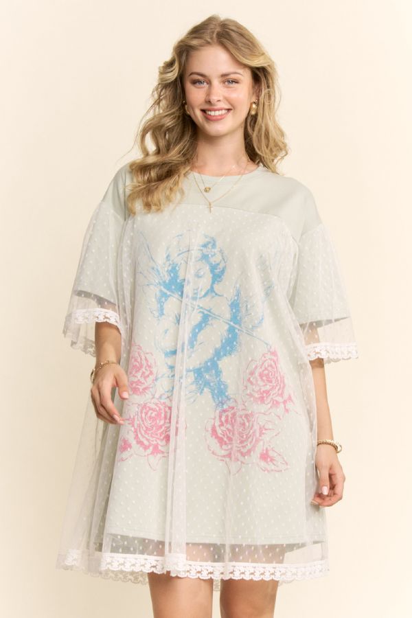 Angle Printed French Terry and Dotted Mesh Layer Dress