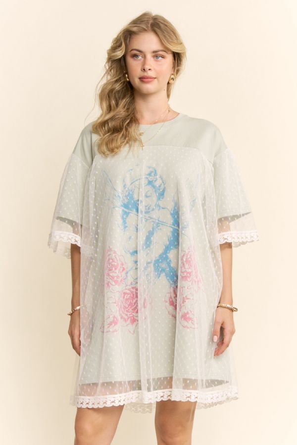 Angle Printed French Terry and Dotted Mesh Layer Dress