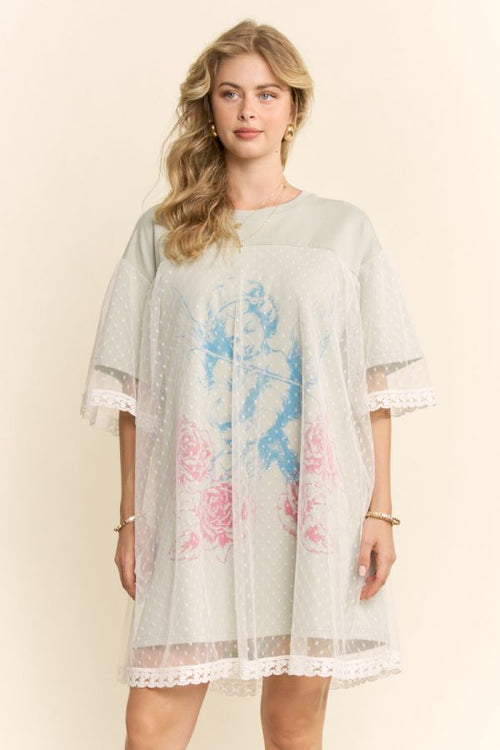 Angel Printed French Terry and Dotted Mesh Layer Dress