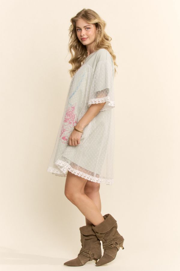 Angle Printed French Terry and Dotted Mesh Layer Dress