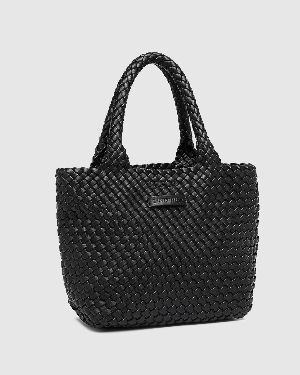 Black woven vegan leather tote bag with top handles