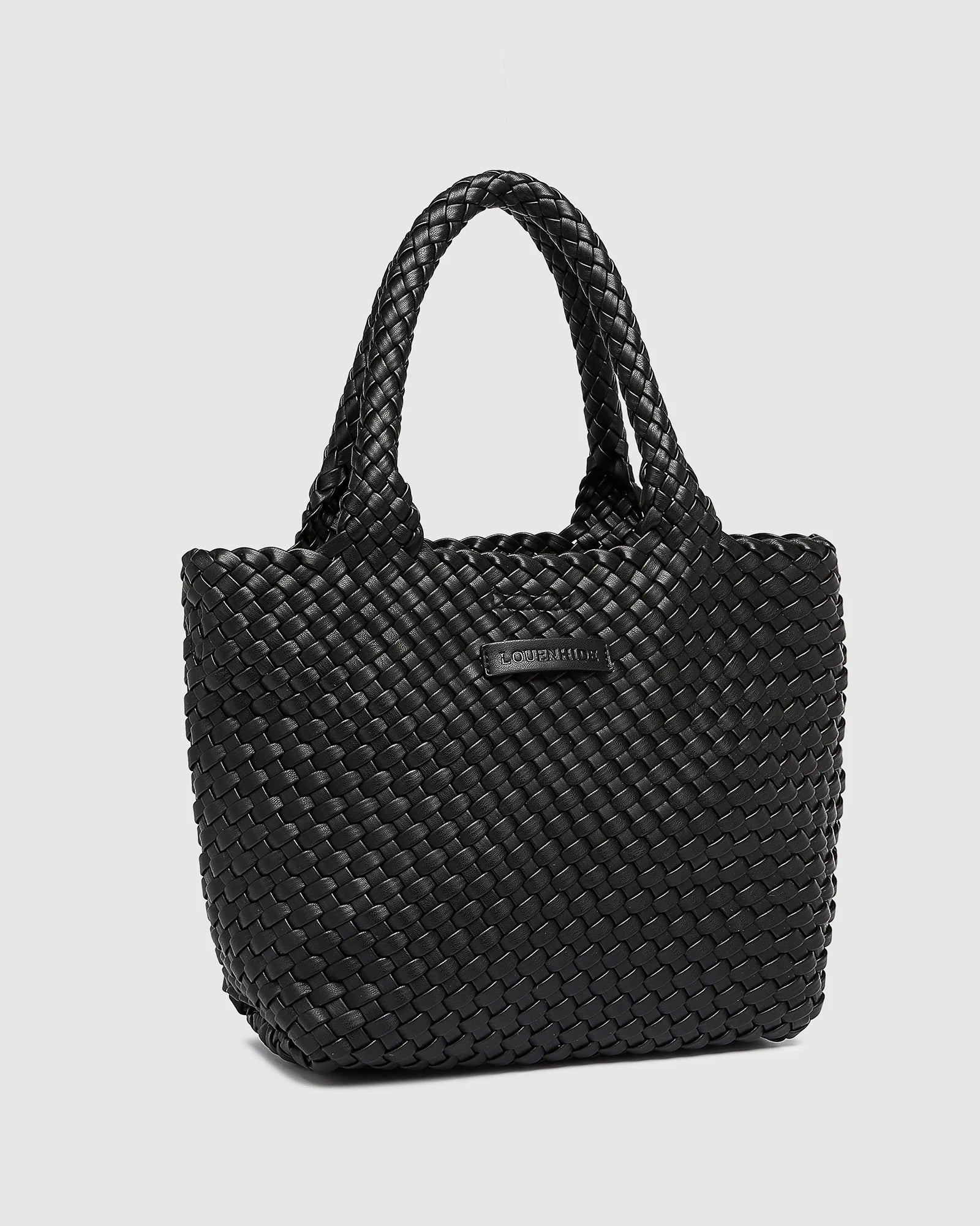 Black woven vegan leather tote bag with top handles