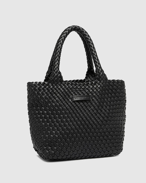 Black woven vegan leather tote bag with top handles