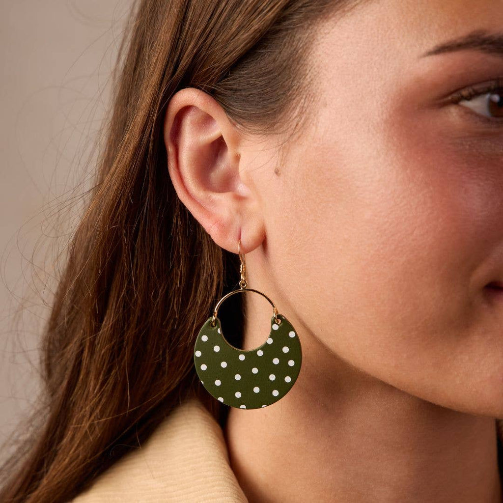 Women's Basil leather hoop earrings featuring hand embossed polka dot detailing.