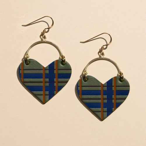 Basil Tartan Lover heart hoop earrings featuring lightweight green tartan leather hearts.